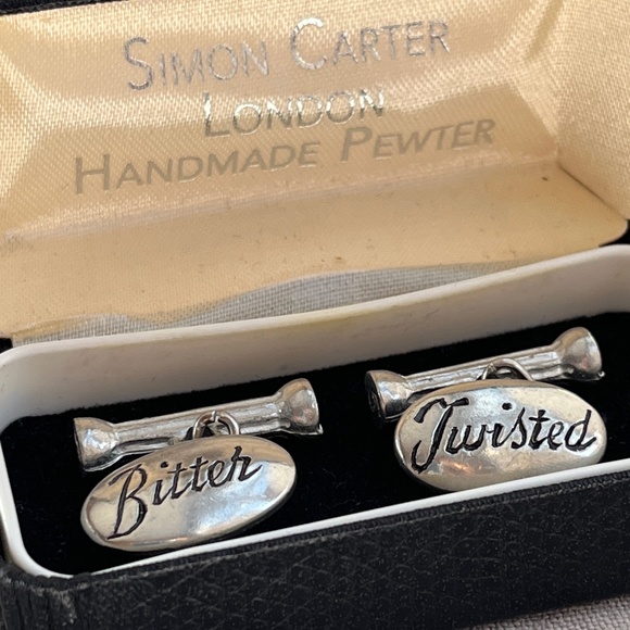 Bitter & Twisted pewter cuff links, vintage Simon Carter London, in leather box - Picture 1 of 10